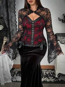 Whyspr Áo sơ mi ren đỏ chắp vá phong cách ngày lễ tình nhân tối màu cỡ lớn - Nhiều màu - Xem 4