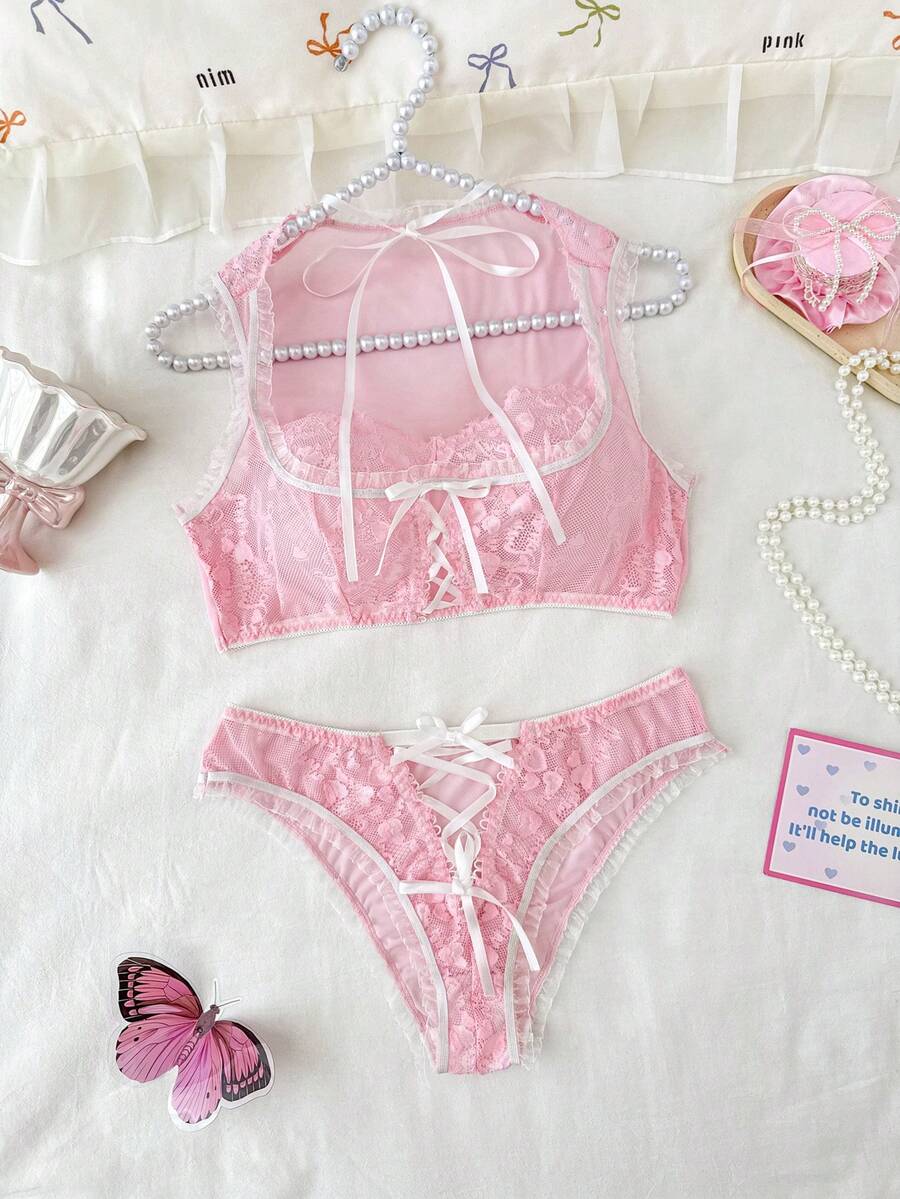 PetitDoll 2pcs Lace Contrast Mesh Wireless Bra Set - Pink - View 1