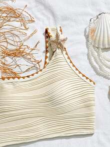 女士三件套泳衣：吊带上衣、短裤和围裙，米色，撞色滚边，纹理面料 - 米色 - 查看 4