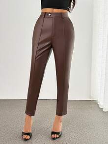 SHEIN PETITE Women's Solid Color Pocket PU Leather Seam Front Pants Brown Leather Pants Brown Pants For Women Leather Pants For Women Business Casual Woman Pants Going Out Outfit Autumn Clothes Fall Clothes Brown Pants Women's Autumn Winter Pants - Brown - View 2