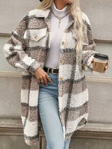 SHEIN PETITE PETITE Women's Autumn/Winter Long Sleeve Double Pocket Plaid Fluffy Jacket - Coffee Brown - View 5