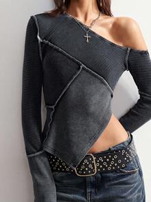 Bohemela Carnival Casual Solid Color Knit Asymmetric Hem Long Sleeve Fitted Washed T-Shirt For Women, Suitable For Spring, Winter, Summer, Vacation, BOHO, Valentine's Day, Music Festival - Black - View 4