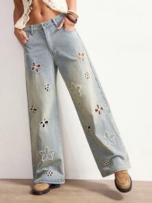 Bohemela 女士时尚水洗镂空口袋宽松裤