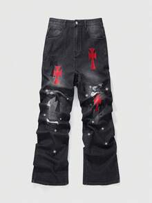ROMWE MEN Men's Casual Washed Cross Embroidered Distressed Rhinestone Jeans - Black - View 1