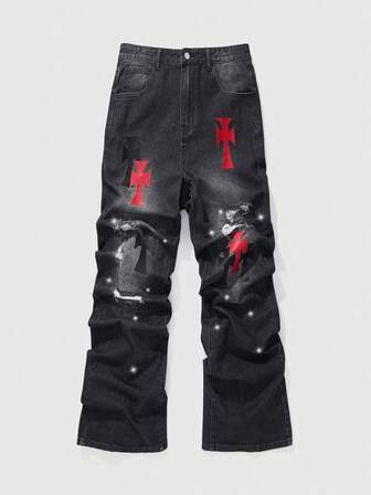 Jeans casuales para hombres con bordado de cruz, desgastados y con rhinestones