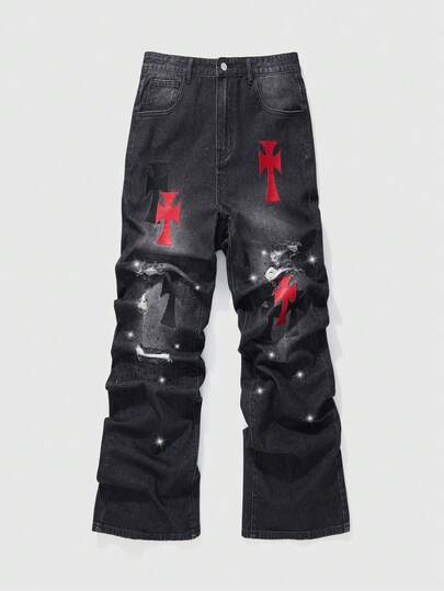 Jeans casual da uomo lavati, con ricamo a croce, effetto consumato e strass