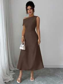 Modelyn Women's Yellow Asymmetrical Shoulder Ruched Waist Elegant Dress - Brown - View 3