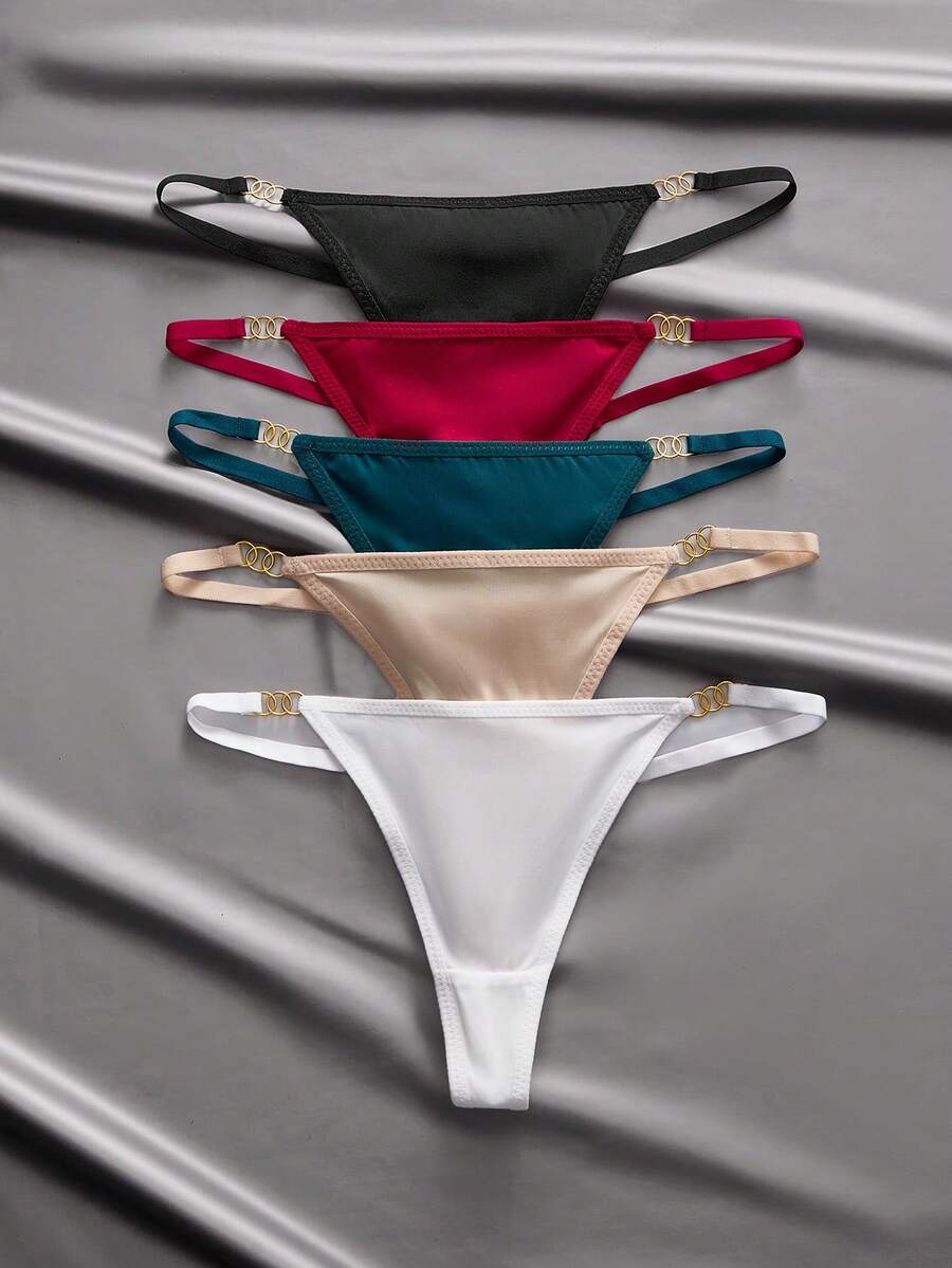 EmpressEnvy 5pcs/Pack Women's Everyday Solid Color Low-Rise Thong Panties - Multicolor - View 1