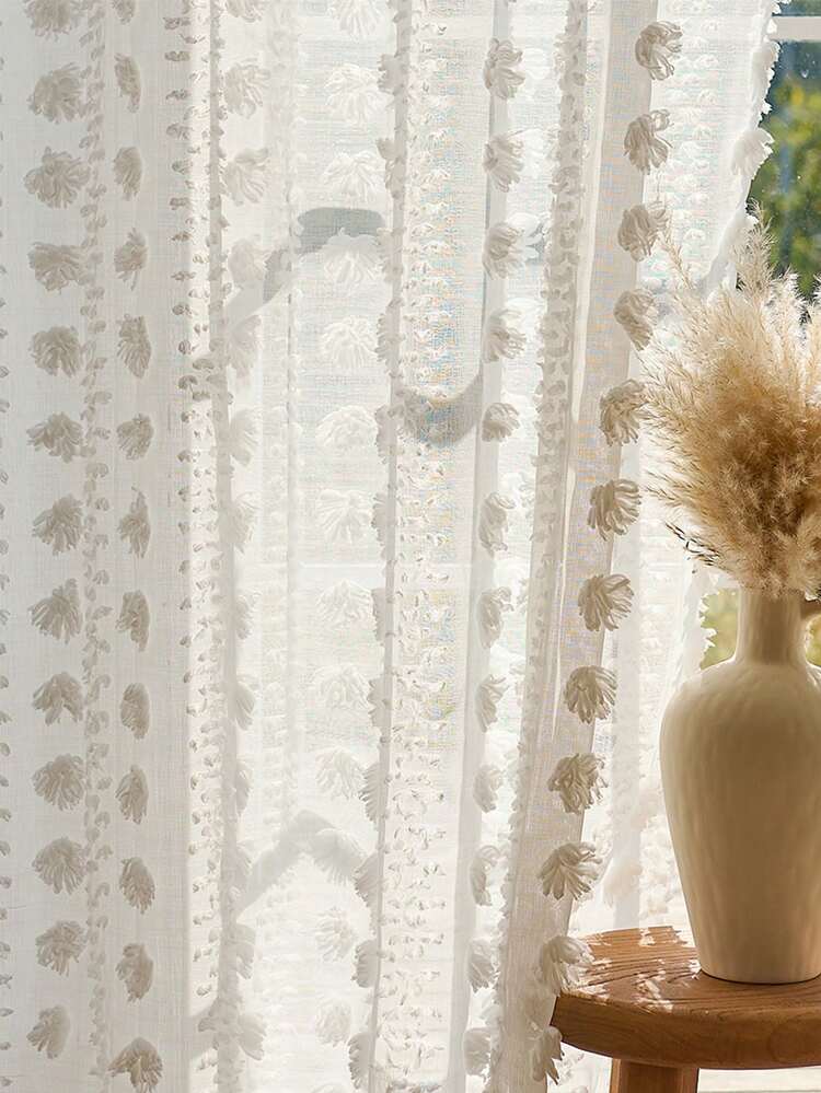 1-Panel White Fluffy Pompom Sheer Curtain, French Countryside