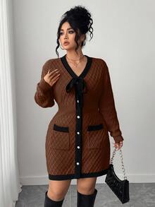 Elenzga Vestido de punto con bloqueo de color y ribete, talla grande, otoño/invierno - Marrón - Ver 3