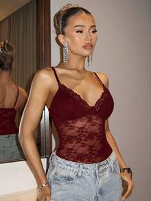 SHEIN BAE Women's Black Low Cut Lace Sexy Suspender Adjustable Bodysuit For Valentine's Day Women's Outfits, Women's Spring Outfits, Valentine's Day Outfits - Burgundy - View 5