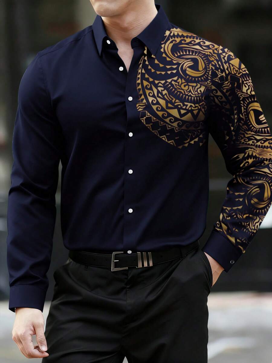 Manfinity AFTRDRK 宽松男士几何条纹长袖衬衫，商务休闲男士衬衫，黑金配色正装衬衫，男士奢华衬衫，男士设计师衬衫，欧式风格男士服装，适合日常休闲、周末旅行、户外活动、探险旅行、轻松的工作环境，也是送给男友/丈夫的礼物，周年纪念/生日礼物，适合派对、暑假、新年、婚礼、情人节等场合。 - 藏蓝色 - 查看 1