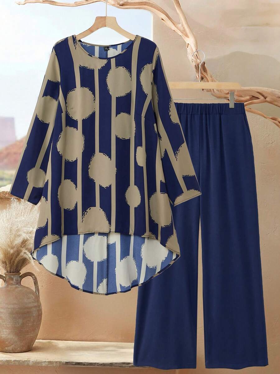 Rusticease Conjunto de 2 piezas de talla grande para mujer con estampado geométrico, cuello redondo, manga larga y bajo asimétrico, top y pantalones, conjunto casual de invierno - Azul Marino - Ver 1