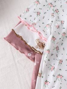 SHEIN LMoss Kids 6pcs/Set Piyama Rajut Kasual Nyaman Motif Beruang Kartun Lucu & Bunga dengan Hiasan Ruffle dan Kerah Bulat, Lengan Pendek, dan Celana Panjang untuk Anak Perempuan - MultiWarna - View 5