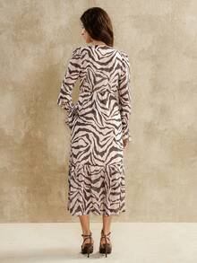 Florisole Women's Chiffon Zebra Print Dress With Ruffled Hem, Pleated Waist, Gathered Neckline, Tie Hem, And Spliced ​​Long Sleeves. New Year Dress Elegant Dresses For Women Women's New Year's Eve Dresses - Black and White - View 2