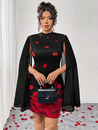 Elenzga Plus Size Women's Rose Petal Print Dress, Fashionable Luxurious Retro Elegant Lady Romantic Dress, Suitable For Valentine's Day, Party Cherry Dress Cherry Outfit Womenvalentine's Day  Valentine Outfits For Women  Elegant Dresses For Women    Valentine Clothes   Plus Size Valentines  Valentines Day Dress Valentine Day Dress