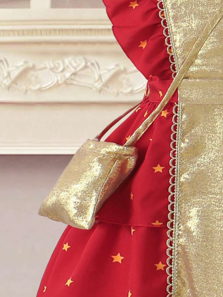 رمضان فستان بأكمام قصيرة مطبوع بنجوم ذو ألوان متباينة للفتيات الصغيرات - الأحمر - مشاهدة 5