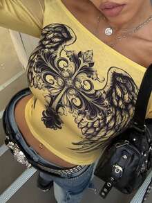 Maweii 大码女式性感露肩印花长袖上衣T恤，适合春秋季穿着 - 黃色 - 查看 4