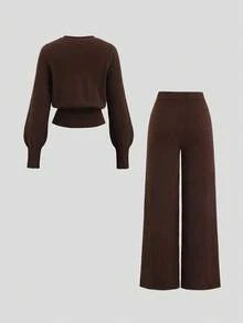 Sweetra Autumn/Winter Floral Button Cardigan With Lantern Sleeves & Wide Leg Pants Knit Two Pieces Set - Coffee Brown - View 2