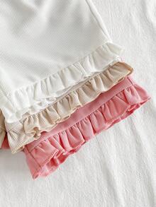 SHEIN Vintaside Kids 3件套婴幼儿女童休闲宽松舒适短裤套装，柔软透气镂空针织面料，弹性腰带配荷叶边，粉色和白色纯色，多种颜色可选，性价比高，适合春夏居家/外出/度假穿着。 - 米色 - 查看 8