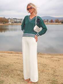 Sydney Algeri Pullover mit Buchstaben-Flicken und Streifenbesatz, Langarm-Oberteil - Dunkelgrün - Übersicht 4