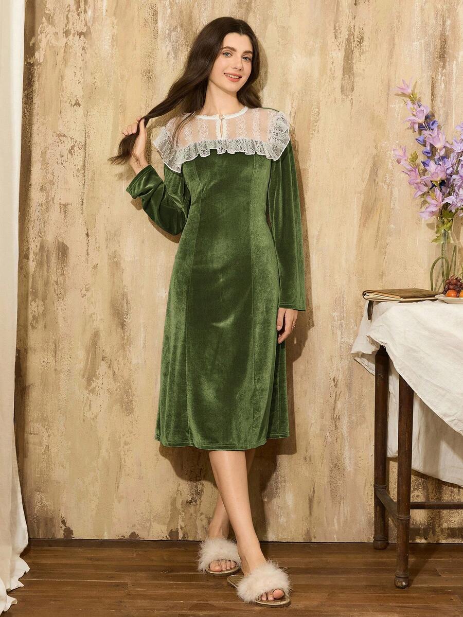 Côtesoire 女士浪漫优雅法式撞色荷叶边蕾丝天鹅绒长袖睡裙 - 綠色 - 查看 1