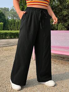 Comfortcana Plus Size Women Simple Solid Color Wide Leg Summer Pants - Black - View 12