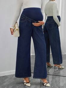 Momance Adjustable Waist Loose Fit Maternity Wide Leg Jeans, Navy Blue - Navy Blue - View 6