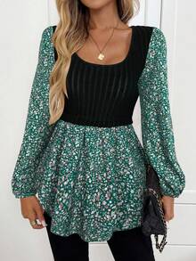 SHEIN LUNE 女士休闲罗纹拼接印花长袖上衣 - 綠色 - 查看 4