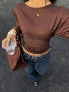 Siren Gaze 女士休闲纯色镂空棕色短袖T恤 - 棕色 - 查看 3