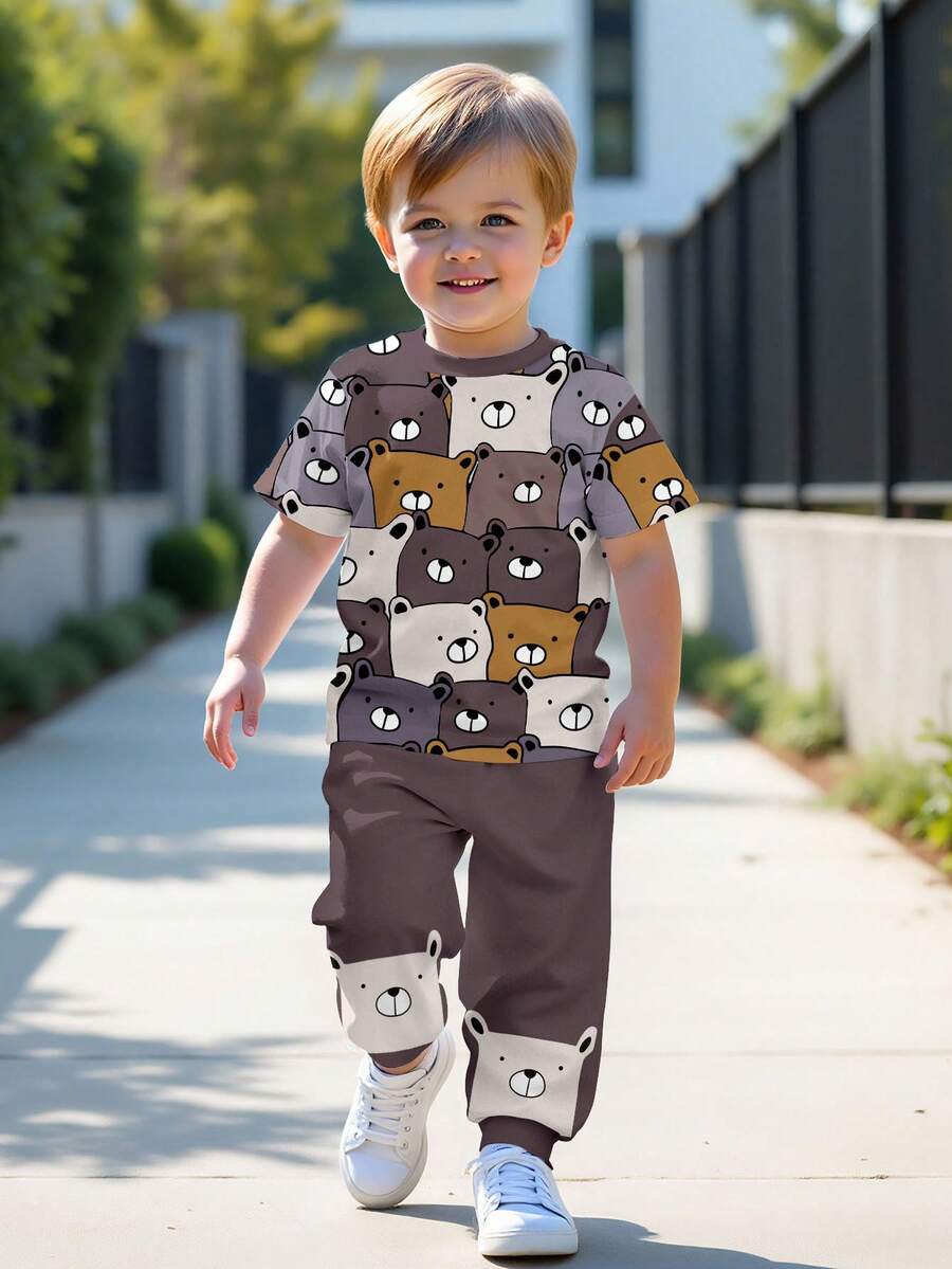SHEIN 男婴休闲简约圆领短袖上衣和裤子套装，经典酷炫可爱卡通熊头图案印花 - 彩色 - 查看 1