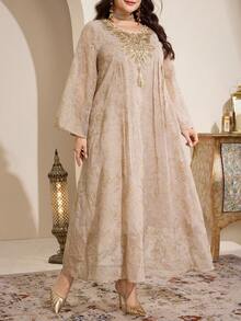 Al Najma 大码女式褶皱花卉流苏设计优雅休闲派对假日喇叭袖连衣裙 - 米色 - 查看 6