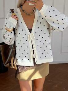 Livesso Women's Polka Dot Tie Front Casual Cardigan, Winter - Black and White - View 6