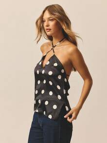 Aralina Áo hai dây chấm bi hở lưng thời trang đa năng cho tiệc tùng và kỳ nghỉ dành cho nữ - Đen và trắng - Xem 1