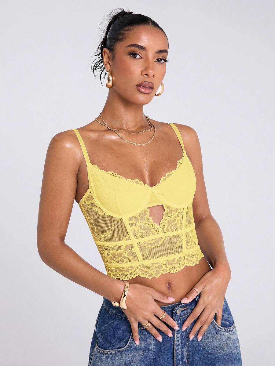 SHEIN BAE Regata Corselet de Renda Versátil e Sexy para Mulheres, Versátil para Sair, Noite de Encontro, Festa com Tema, Concertos, Réveillon, Festa de Natal - Amarelo - Visão 1