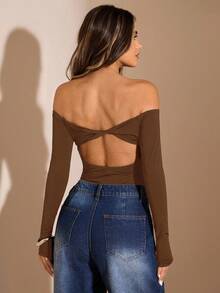 SHEIN BAE 1 bộ đồ liền thân hở vai tay dài màu đen trơn cho nữ, bộ đồ liền thân thanh lịch, bộ đồ liền thân nhiều lớp thời trang thu/đông - màu nâu - Xem 3