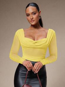 Silquee Women's Solid Color Twist Knot Design Long Sleeve Pleated Fashionable Blouse - Yellow - View 4