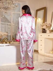 LuxeNights Bow Print Color Block Faux Silk Ruffle Trim Women Long Sleeve Pajama Set Valentine's - Multicolor - View 2