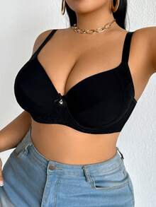 DesireSculpt 1件装加大码蕾丝拼接无钢圈薄罩杯光滑舒适简约支撑全罩杯文胸 - 黑色 - 查看 11