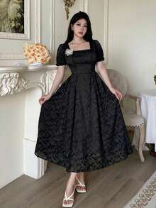 Modelyn 女士天鹅领提花花卉装饰优雅收腰派对短袖连衣裙 - 黑色 - 查看 3