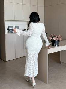 Vibekara Plus Size Women Elegant White Lace Dress,Autumn Silky Formal Long Sleeve Hollow Out Mermaid Fish Tail Hem Fitted Dress - Apricot - View 2