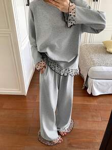 DAZY Bộ đồ ngủ ren lưới chấm bi dành cho nữ - Xám - Xem 7