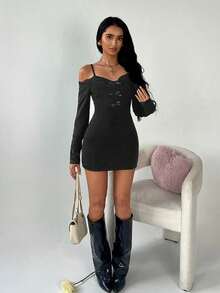 TRNVIE Women's Solid Color Off-Shoulder Long Sleeve Bow Decor Fashionable Dress - Black - Ver 5