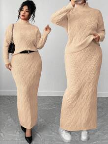 Elenzga 大码毛衣和紧身半裙两件套，休闲宽松圆领套头衫曲线半裙两件套连衣裙套装，端庄两件套，优雅曲线两件套。 - 卡其色 - 查看 1