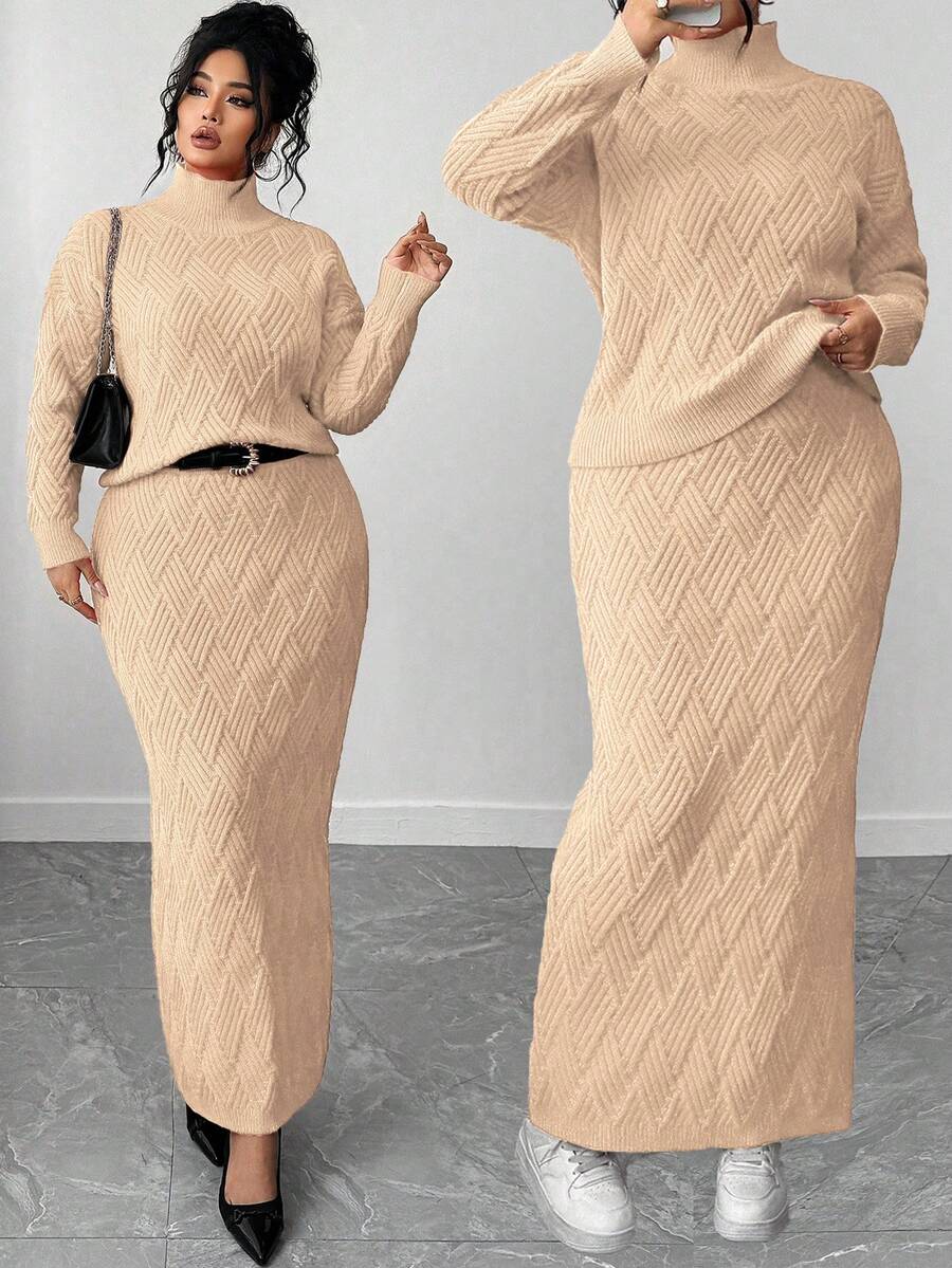 Elenzga 大码毛衣和紧身半裙两件套，休闲宽松圆领套头衫曲线半裙两件套连衣裙套装，端庄两件套，优雅曲线两件套。 - 卡其色 - 查看 1