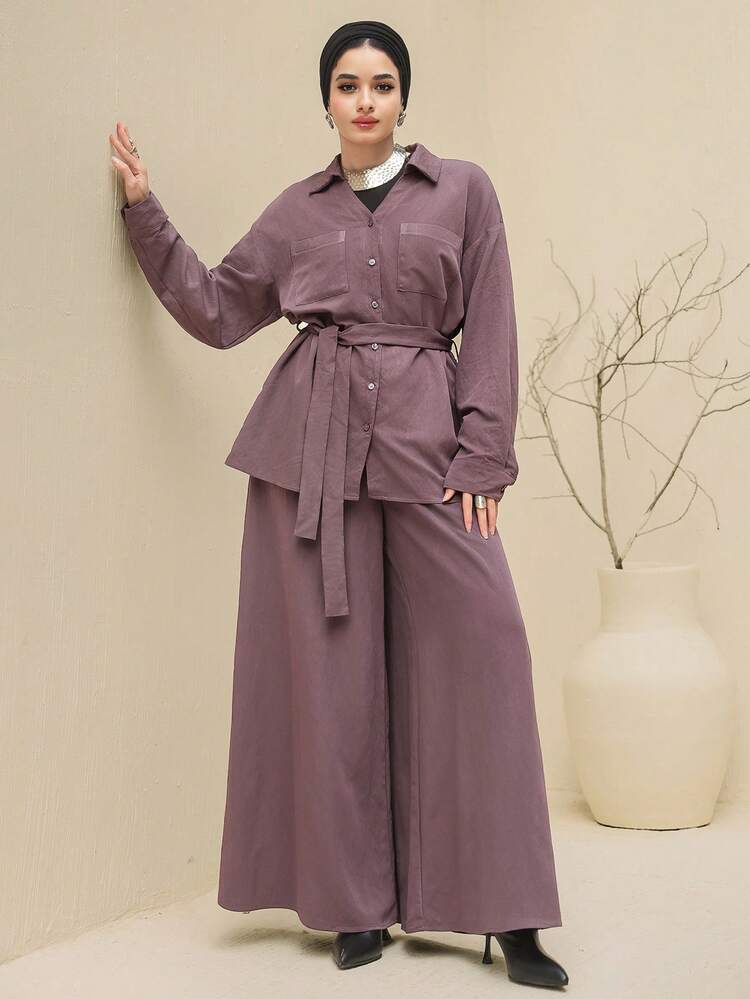 Women's Casual Solid Color Shirt & Wide Leg Pants 2 Pieces Set
