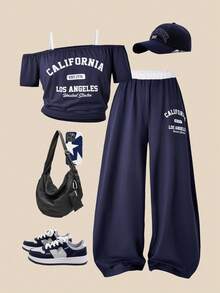 SHEIN 2pcs/Set Tween Girls' Casual Collegiate Style Asymmetrical Shoulder Short Sleeve Top And Wide Leg Pants Outfit