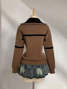 Elamini Áo len dài tay trễ vai màu tương phản thường ngày dành cho nữ - màu nâu - Xem 2