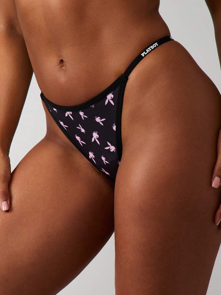 Missguided x Playboy バニープリントのTバックショーツ、コントラストウエストバンドとロゴ付き、インティメイツコレクション用