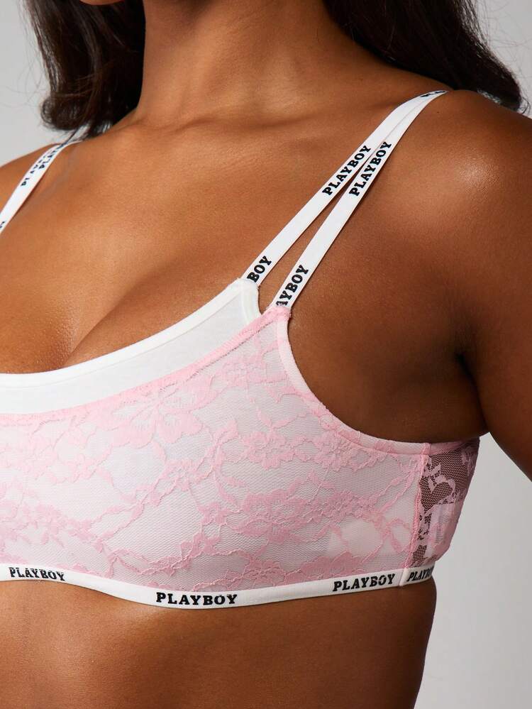 Missguided x Playboy Brassière avec superposition de dentelle de marque avec bretelles logo, coupe souple sans armature, sous-vêtements confortables